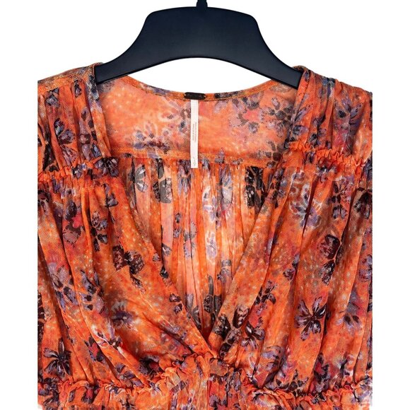 Free People Making Me Smile Floral Ruffle-Sleeve V-Neck Smocked Crop Top XS - Picture 10 of 14